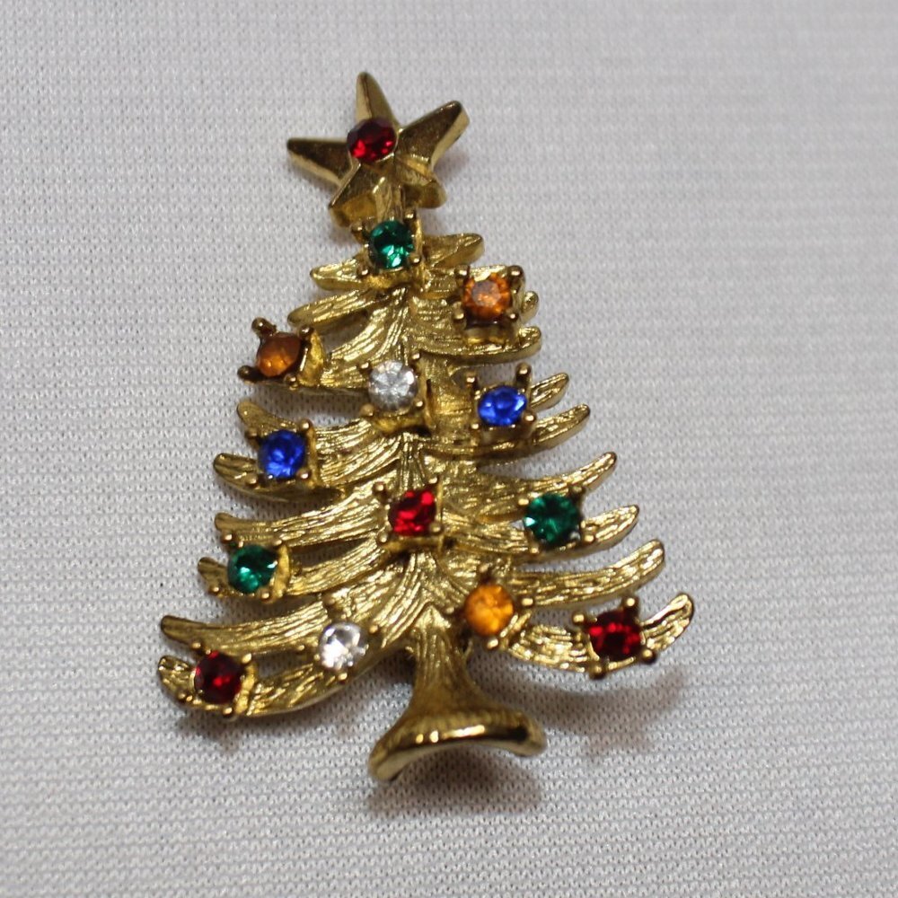 Multi-Color Rhinestone Gold Tone Christmas Tree Brooch/Pin - Picture 4 of 7
